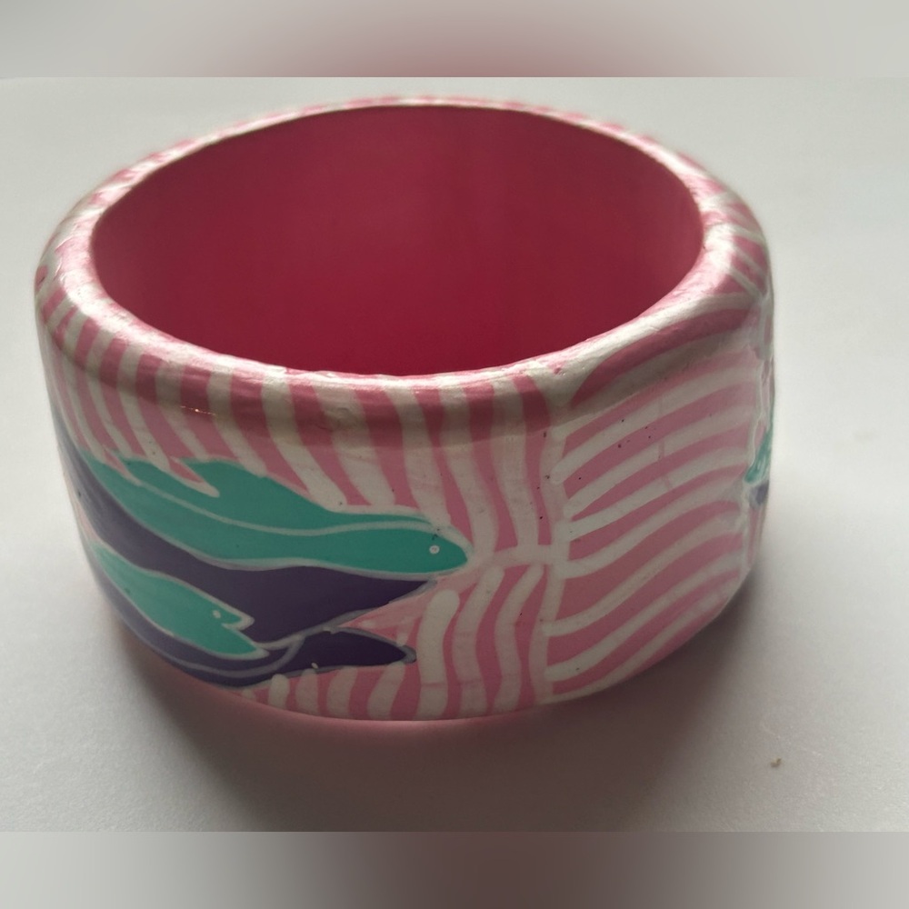 Vintage Hand Painted Wood Bangle Bracelet Pink Blue Abstract Botanical Chunky - Picture 7 of 12